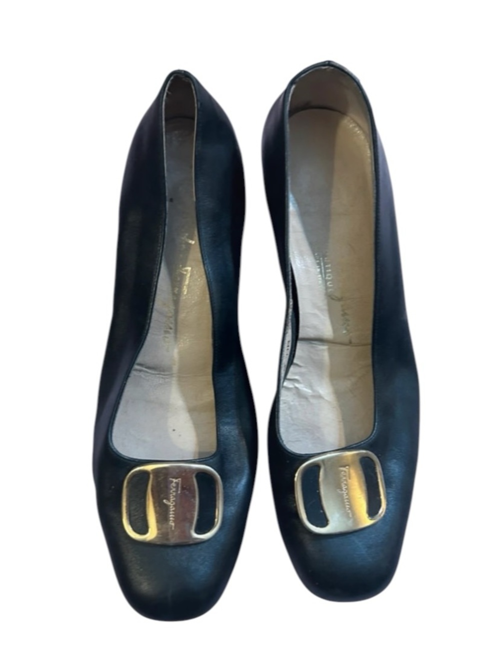 Vintage Salvatore Ferragamo Leather Block Heel Pumps Gold Logo Buckle old money - Picture 6 of 11